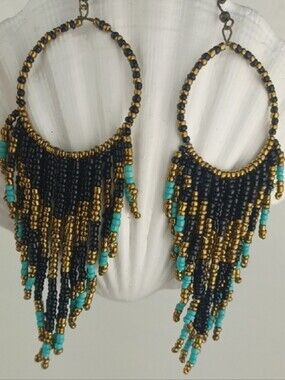 Gorgeous Black, Gold & Turquoise Beaded Fringe Hoop Tribal Vibe Earrings